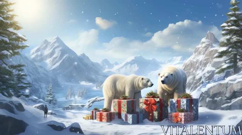 Captivating Scene: Polar Bears Playing with Presents in Snowy Mountain Setting AI Image