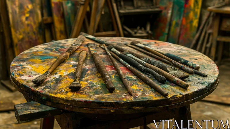 Captivating Still Life: Wooden Table with Paintbrushes | Mysterious Atmosphere AI Image
