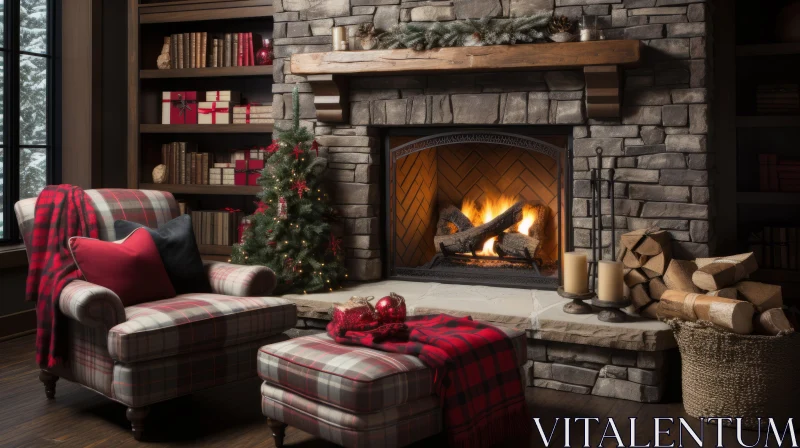Cozy Christmas Living Room with Stone Fireplace and Plaid Furniture AI Image