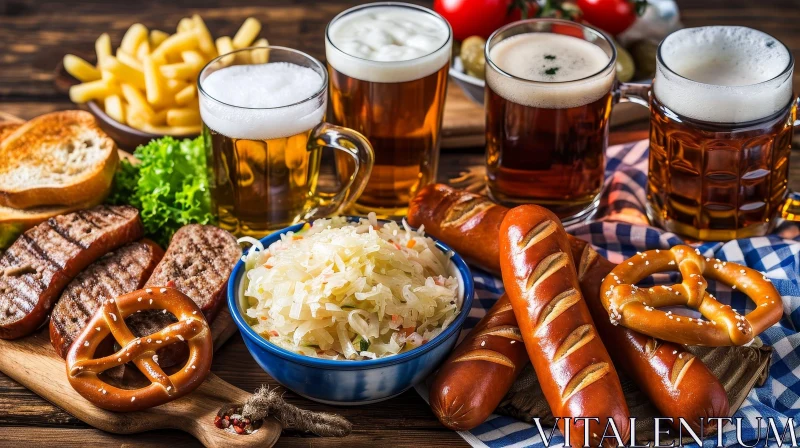 Delicious German Food and Beer on Wooden Table AI Image