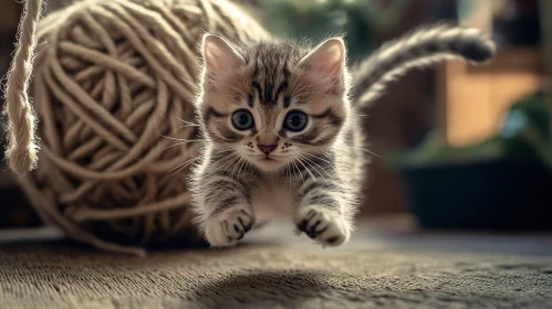 Cute Kitten Leaping Near Yarn Ball