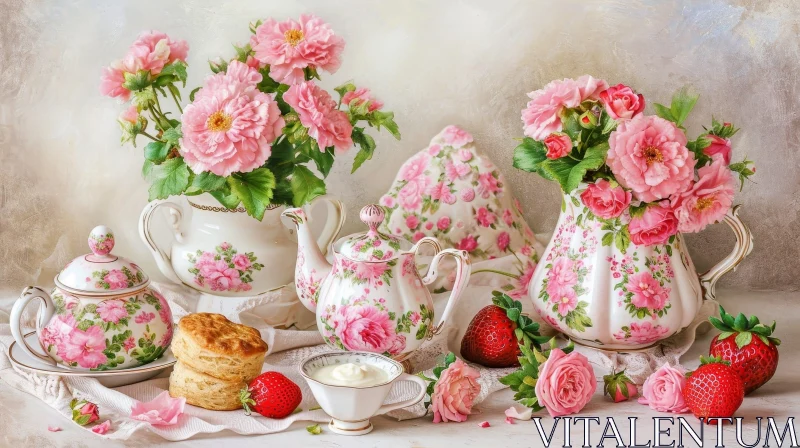 Exquisite Still Life with Teapot, Sugar Bowl, Cup, and Roses AI Image