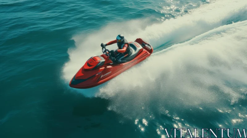 Man Riding Red Jet Ski in Open Sea AI Image