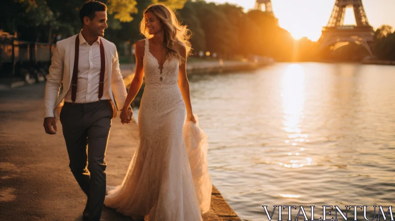 Romantic Newlyweds in Golden Light - Paris Wedding AI Image