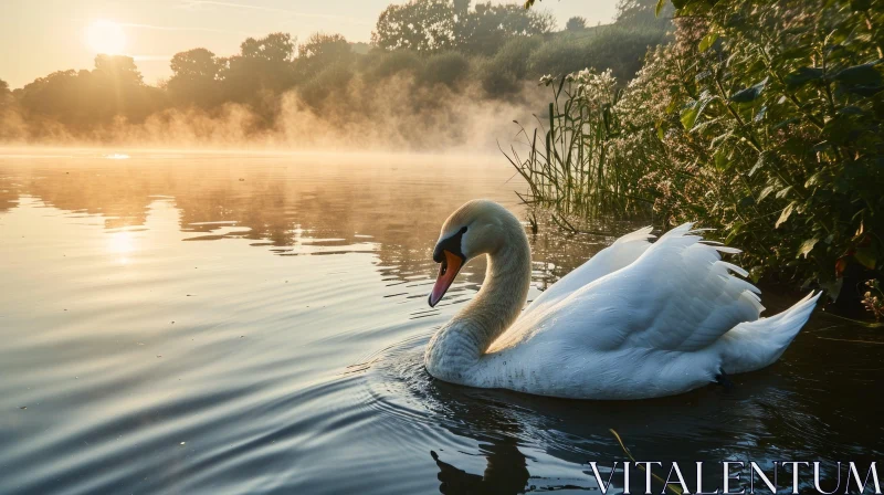 Serene Landscape with Swan on Lake at Sunrise AI Image