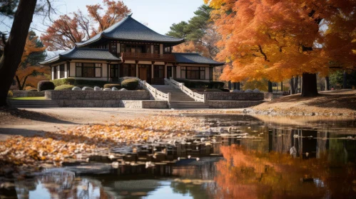Serene Reflection of a Chinese Place of Worship in Autumn | UHD Image