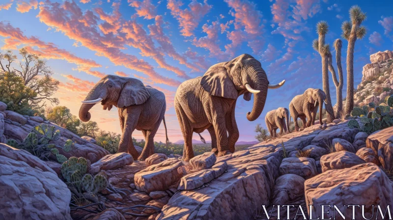 Stunning Painting of Elephants Walking Across a Rocky Landscape AI Image