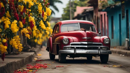 Vintage Car Parked on a Street with Vibrant Red Flowers