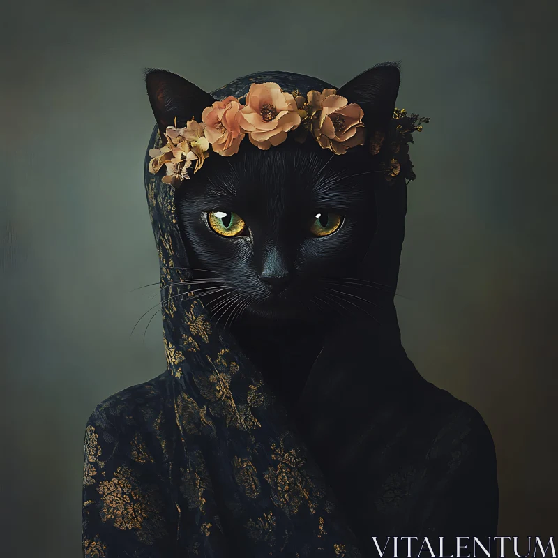 Mystical Cat in Cloak with Flower Crown AI Image