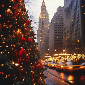 Urban Holiday Spirit with Christmas Tree and City Lights