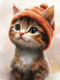 Cute Kitten Wearing a Knitted Orange Hat