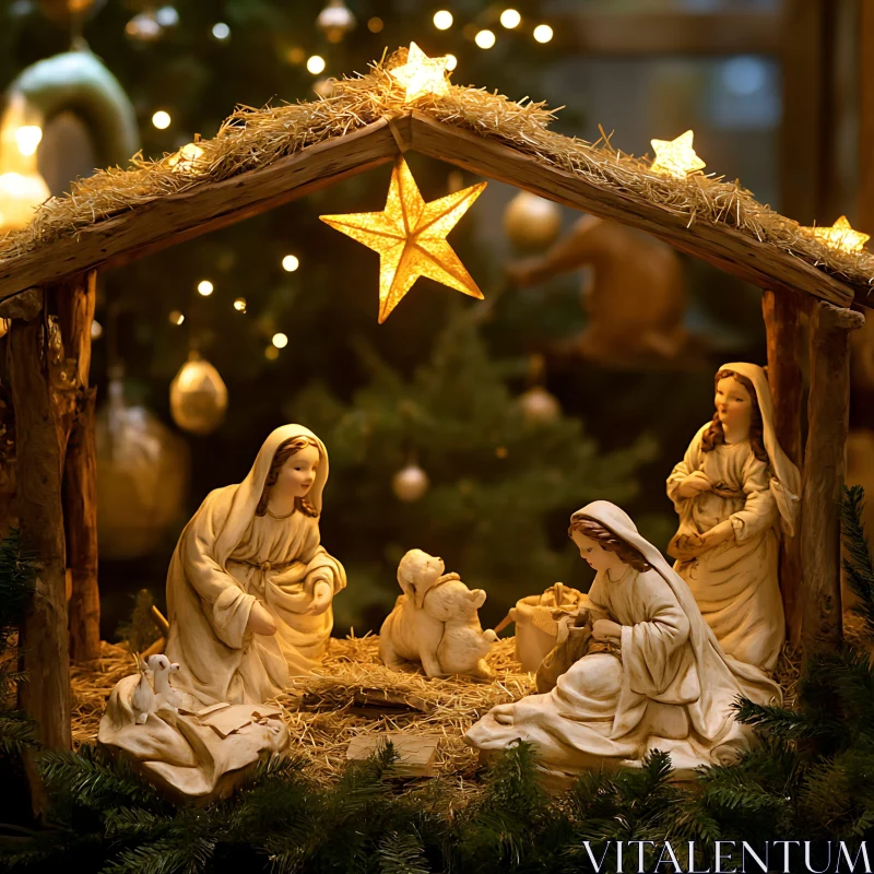 Rustic Nativity Scene with Warm Lights AI Image