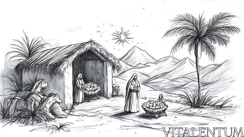 AI ART Black and White Nativity Scene Drawing