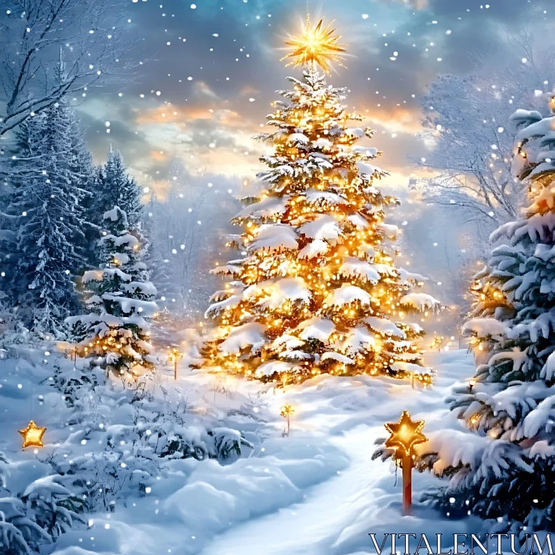 Illuminated Christmas Tree in Winter Wonderland AI Image