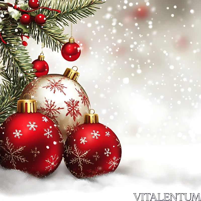 Festive Christmas Baubles and Snow Scene AI Image