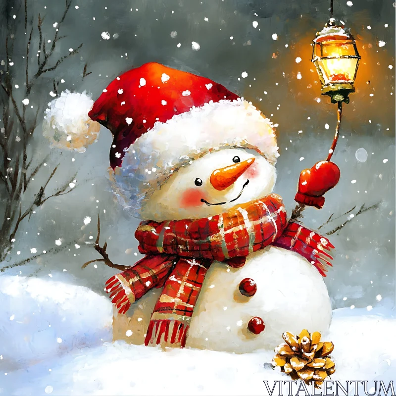 AI ART Festive Snowman Holding Lantern in Snowy Scene