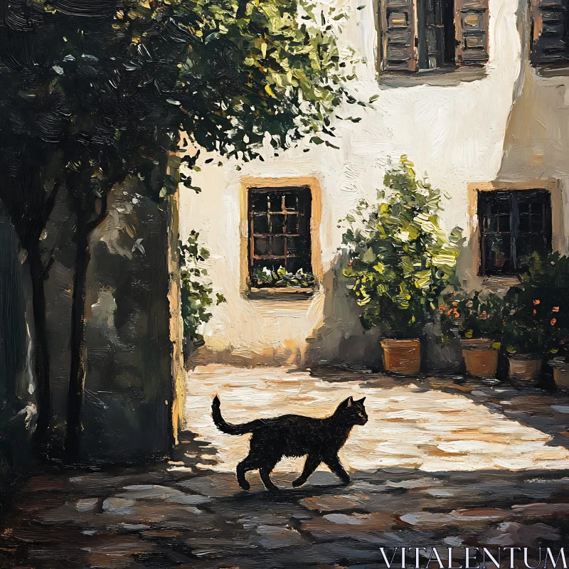 AI ART Black Cat in a Sunlit Courtyard