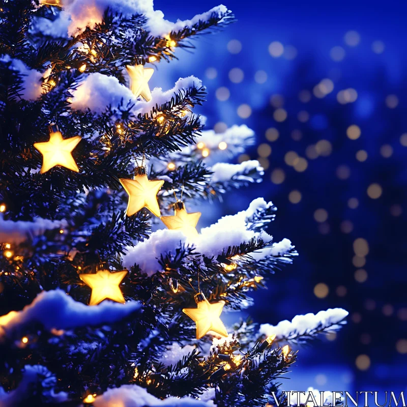 Christmas Tree with Illuminated Stars and Snow AI Image