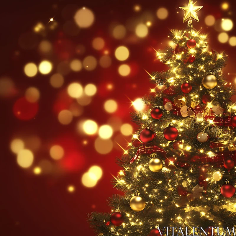 Festive Christmas Tree with Red and Gold Decorations AI Image