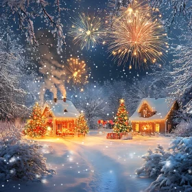 Festive Winter Wonderland with Cozy Cottages and Fireworks