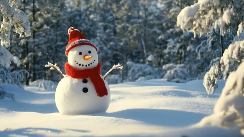 Festive Snowman Amidst Snow-Laden Trees