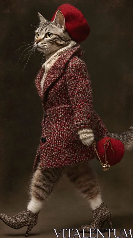 Fashionable Cat with Red Beret and Tweed Coat AI Image