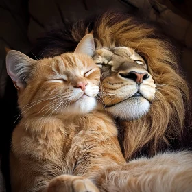 Lion and Domestic Cat Snuggling