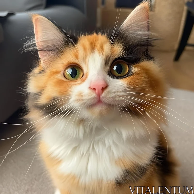 Close-Up of a Calico Cat with Green Eyes and Pink Nose AI Image