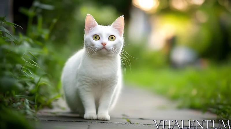 Curious White Cat in Greenery AI Image