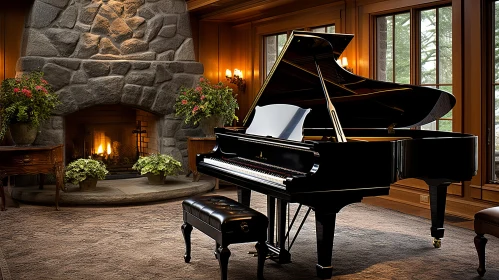 Black Grand Piano and Cozy Fireplace in Tranquil Living Room