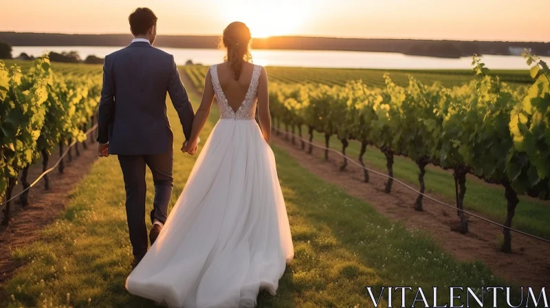 Bride and Groom Walking in Vineyard at Sunset - Romantic Wedding Photography AI Image