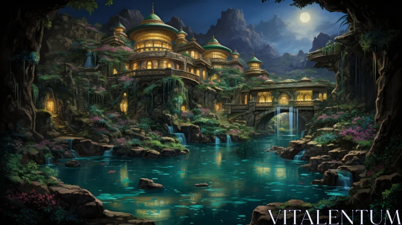 Captivating Castle Fantasy Wallpaper: Nighttime Oasis of Turquoise and Gold AI Image