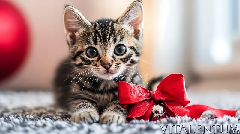 Cute Tabby Kitten with Red Bell Bow AI Image