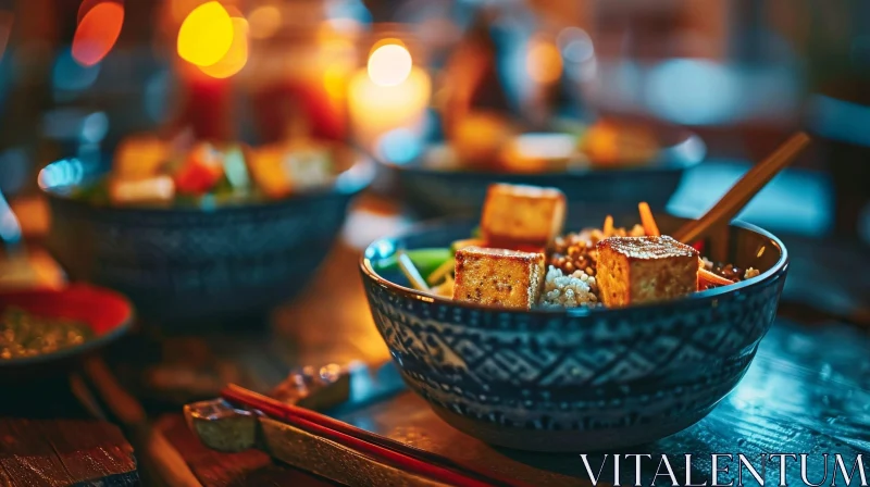 Close-up of a Bowl of Food with Rice, Vegetables, and Tofu AI Image