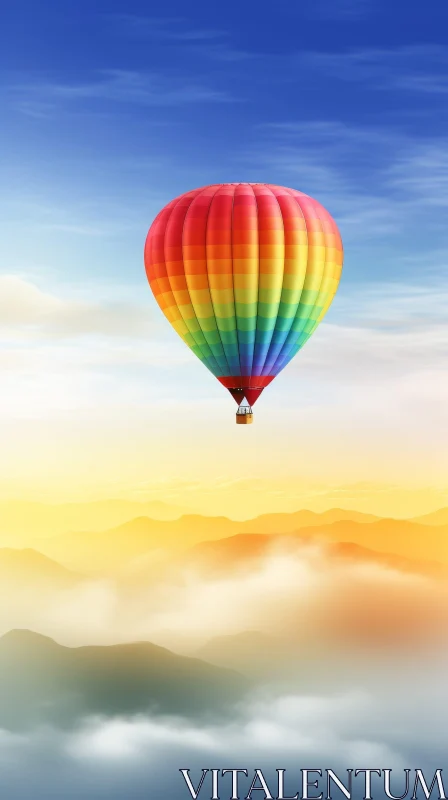 Colorful Hot Air Balloon Soaring in Clear Blue Sky AI Image