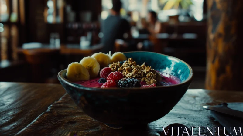AI ART Delicious Bowl of Acai Berries, Bananas, Raspberries, and Granola on a Wooden Table