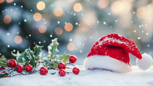 Magical Holiday Image of Santa Hat and Snowy Holly