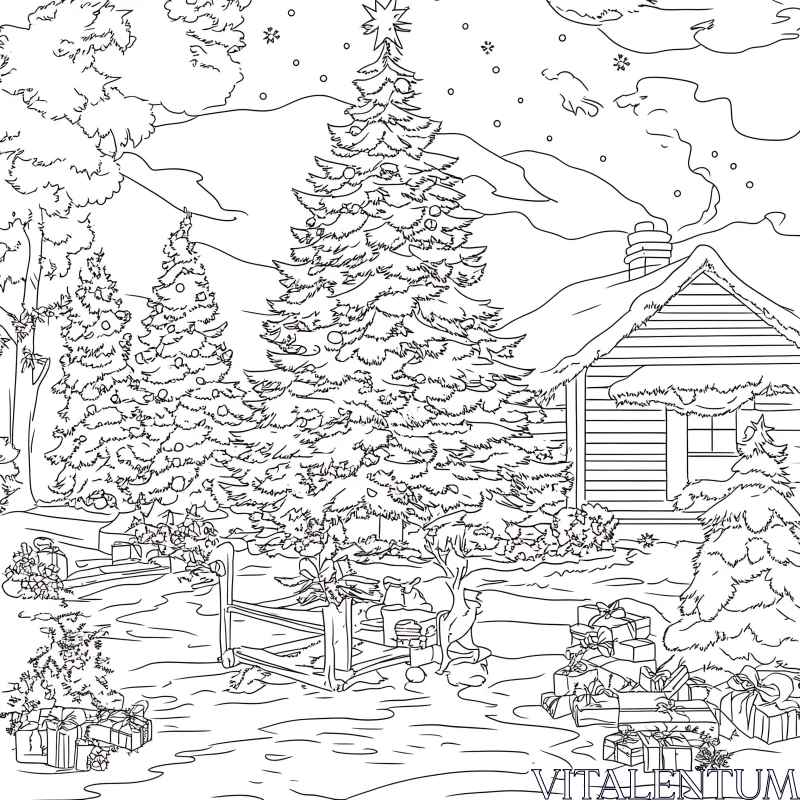 Christmas Tree by a Cozy Cabin AI Image