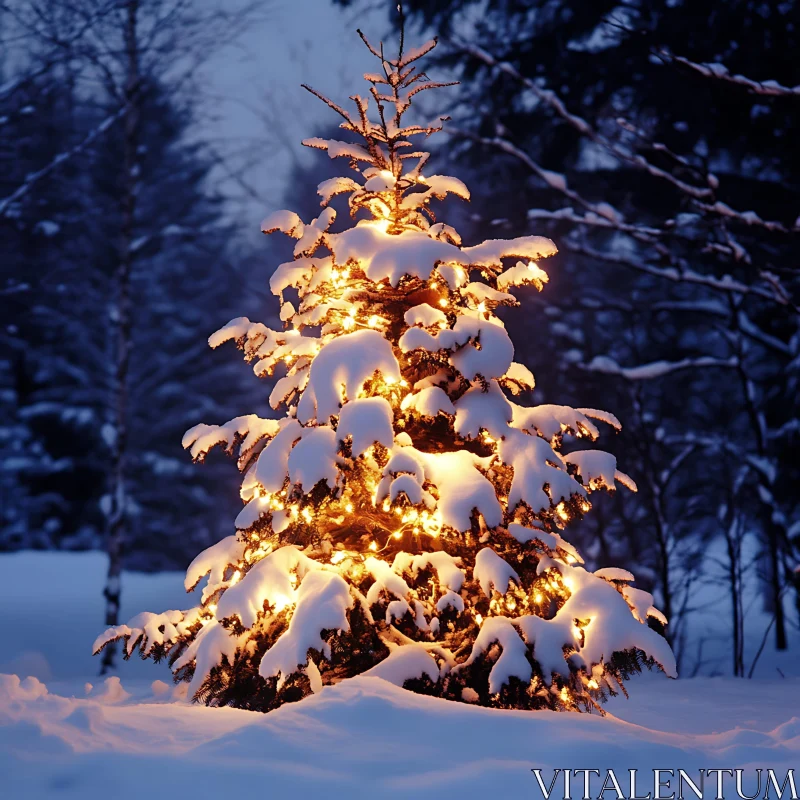 Illuminated Christmas Tree in Snowy Evening AI Image