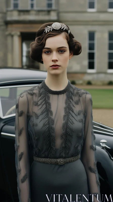 Elegant Gothic Fashion Portrait in English Countryside AI Image