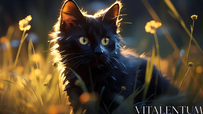 Enchanting Black Cat in Sunlit Field AI Image