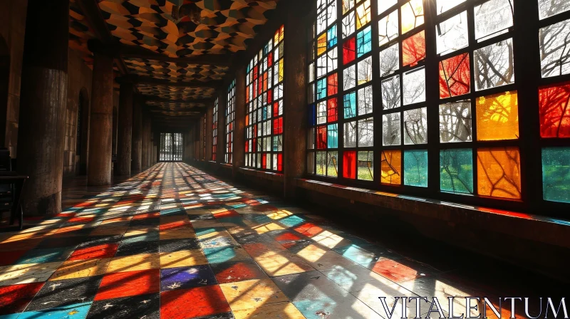 AI ART Enchanting Hallway with Stained Glass Windows and Wooden Doors
