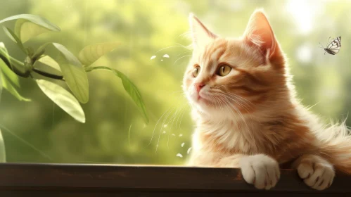 Ginger Cat Watching Butterfly on Windowsill