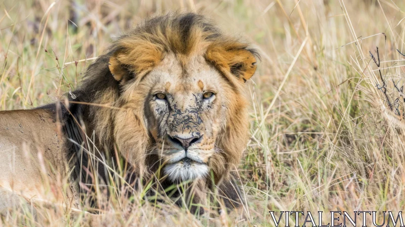 Intense Close-Up of a Male Lion's Face AI Image