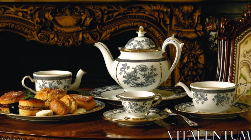 Luxurious Afternoon Tea Set with Floral Pattern and Gold Accents AI Image