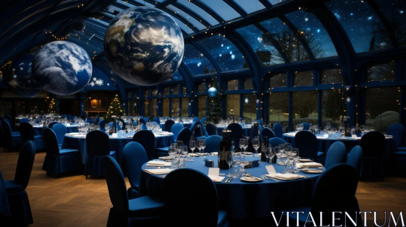 Luxurious Blue Cosmic-Themed Table Setting in Large Hall AI Image