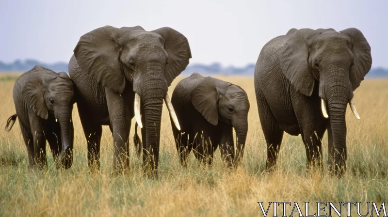 Majestic African Elephants Walking in a Grassy Field AI Image