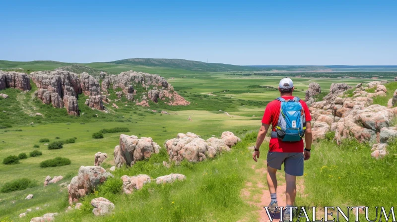 Mountain Hiking Adventure: Man in Red Shirt and Gray Shorts AI Image
