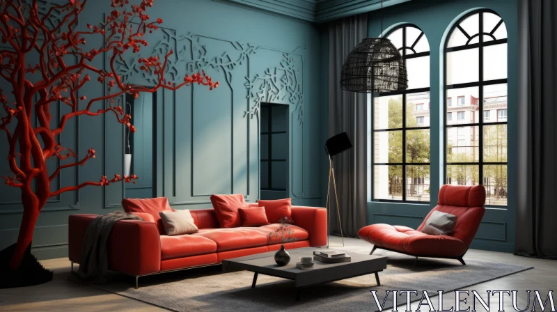 Oriental Minimalism: Red Tree 3D Wallpaper in Turquoise Living Room AI Image
