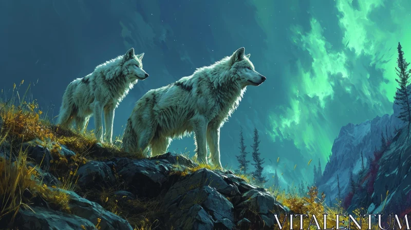 Painting of Two Wolves on a Rocky Hilltop - Capturing the Beauty of Nature AI Image